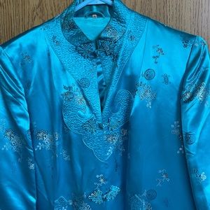 Silk Brocade Robe Dressing Gown Teal Flowers made in Japan Vintage Pockets